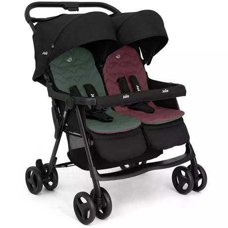 A double stroller with a black frame and canopy, featuring two separate seats with dark green and burgundy fabric, shown on a plain white background.
