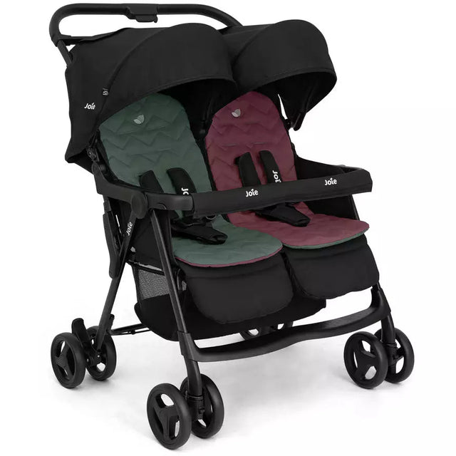A double stroller with a black frame and canopy, featuring two separate seats with dark green and burgundy fabric, shown on a plain white background.