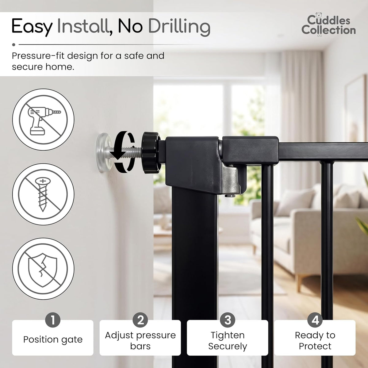 Cuddles Collection Pressure Fit Stair Gate 76–83cm – Black