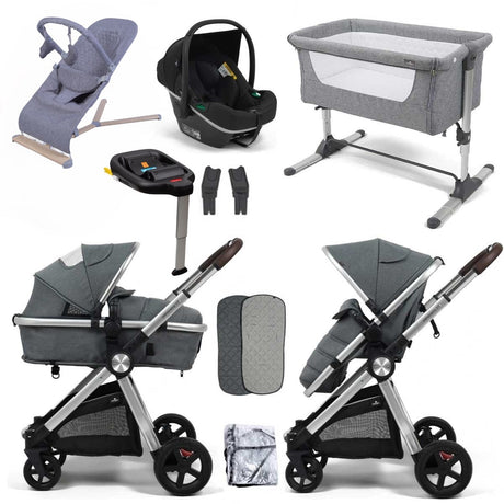 BabyLo Panorama XTi Essential Travel System & Starter Nursery Bundle, Grey on Silver Chassis