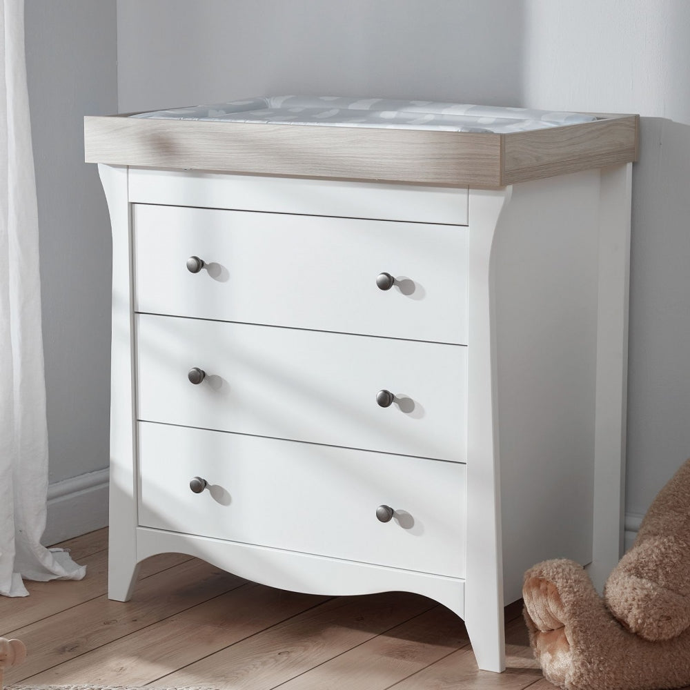 CuddleCo Clara 2 Piece Nursery Furniture Set (Cot Bed & Dresser) - White/Ash