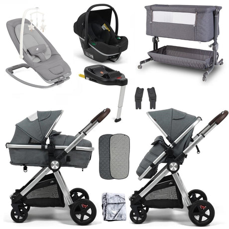 BabyLo Panorama XTi Premium Travel System & Starter Nursery Bundle including Isofix Base 2, Grey on Silver Chassis
