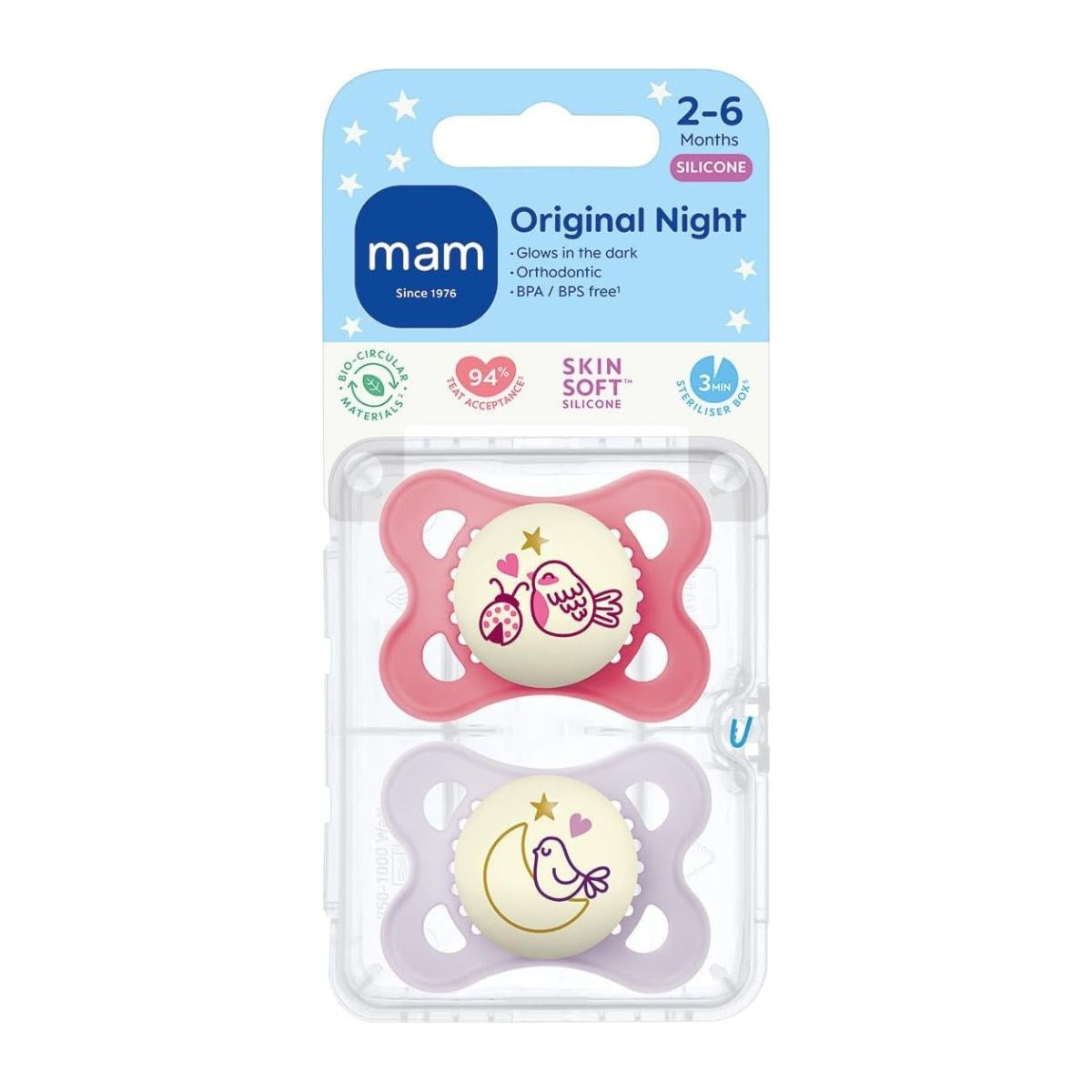 MAM Pure Night 2-6M Soother 2pk - Girl