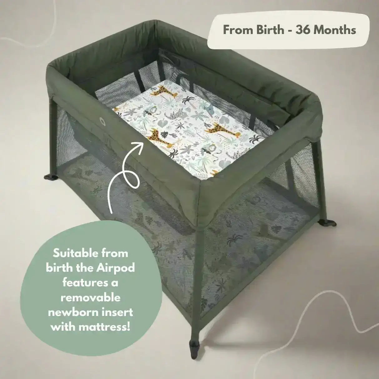 Airpod 3 Travel Cot Includes Newborn Bassinet Insert - Green