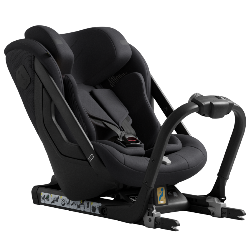 Black car seat with adjustable harness on a white background