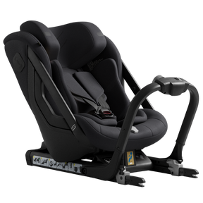 Black car seat with adjustable harness on a white background