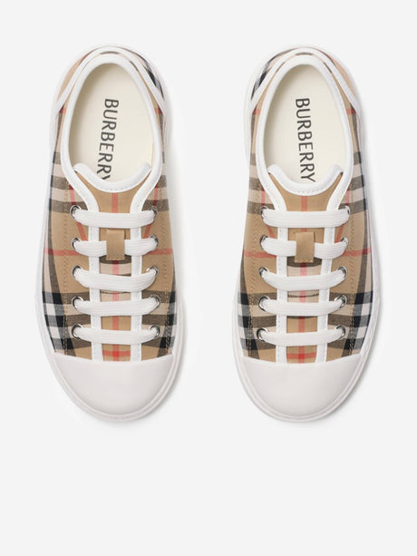 Burberry Kids Check Cotton Canvas Trainers in Beige