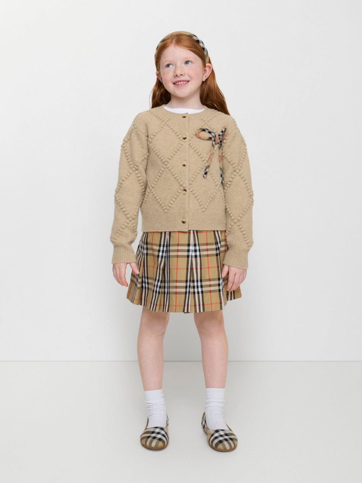 Burberry Girls Gabrielle Pleated Check Skirt in Beige