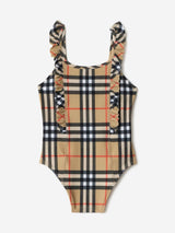 Burberry Girls Tilly Ruffle Trim Check Swimsuit in Beige