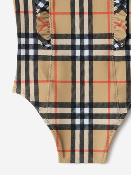 Burberry Girls Tilly Ruffle Trim Check Swimsuit in Beige
