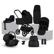 Collection of black baby stroller and car seat products on a white background