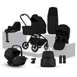 Collection of black baby stroller and car seat products on a white background