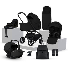Collection of black baby stroller and car seat products on a white background