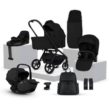 Collection of black baby stroller and car seat products on a white background