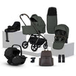 Collection of Silver Cross Breez baby products including a stroller, car seats, and bags on a white background