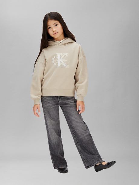 Calvin Klein Girls Velvet Monologo Hoodie in Beige