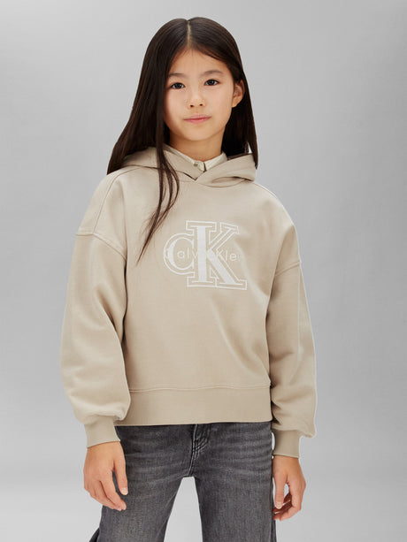 Calvin Klein Girls Velvet Monologo Hoodie in Beige