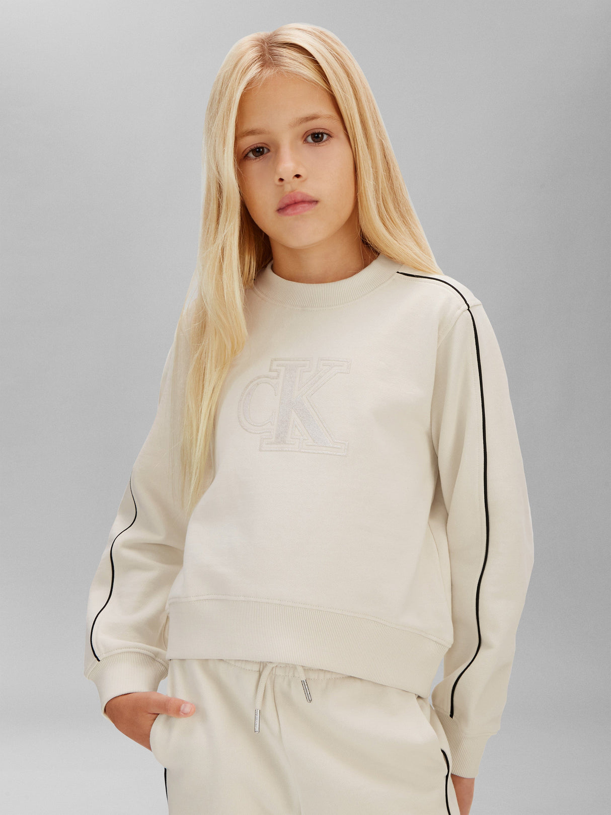 Calvin Klein Girls Cotton Terry Piping Tracksuit in Ivory