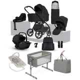 A multi-piece baby travel system set displayed on white pedestals against a white background. The set includes a black stroller, black infant car seat and car seat cover, black bassinet cover, black diaper bag, black backpack, black footmuff, black mesh bassinet, a gray and white patterned baby swing, and a gray tote bag.