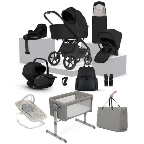 A multi-piece baby travel system set displayed on white pedestals against a white background. The set includes a black stroller, black infant car seat and car seat cover, black bassinet cover, black diaper bag, black backpack, black footmuff, black mesh bassinet, a gray and white patterned baby swing, and a gray tote bag.