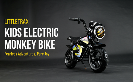 Littletrax 350W Kids Electric Bike – Ages 3 to 12+ ride on mini monkey bike - 3 speed, Bluetooth music, horn, lights, 36v