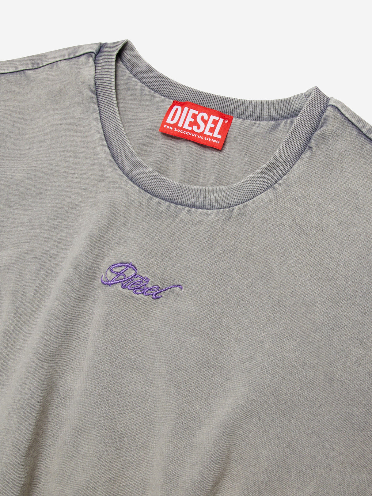 Diesel Girls Embroidered Logo Cropped T-Shirt in Grey