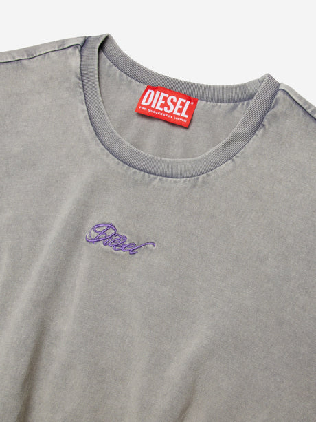 Diesel Girls Embroidered Logo Cropped T-Shirt in Grey