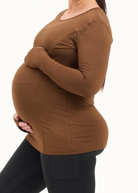 Bamboo Maternity & Breastfeeding Long Sleeved Top - Coffee