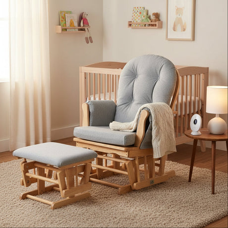 Brompton Glider Nursing Chair & Footstool – Grey Suedette / Natural Wood