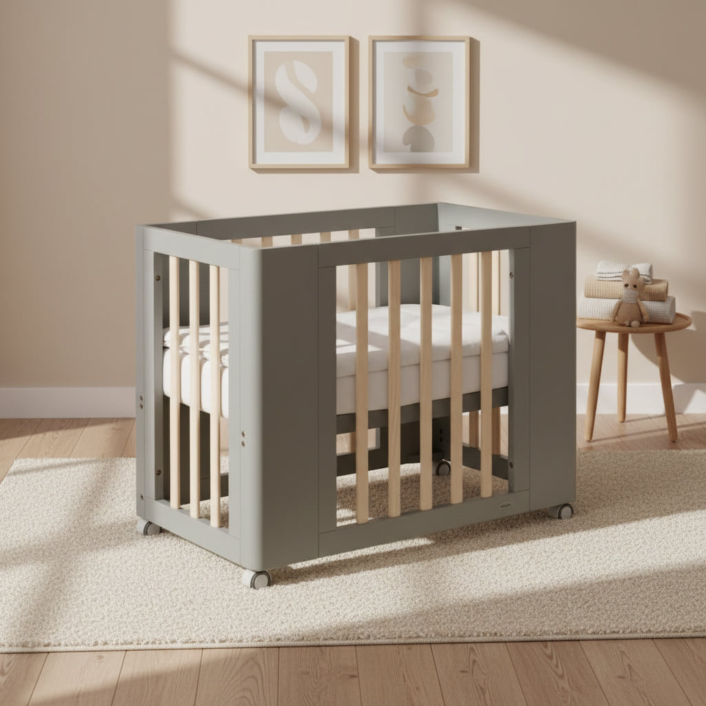 Cocoon Evoke 4 in 1 Nursery Furniture System – Bassinet, Cot, Toddler Bed & Sofa, Dove Grey / Natural Wash