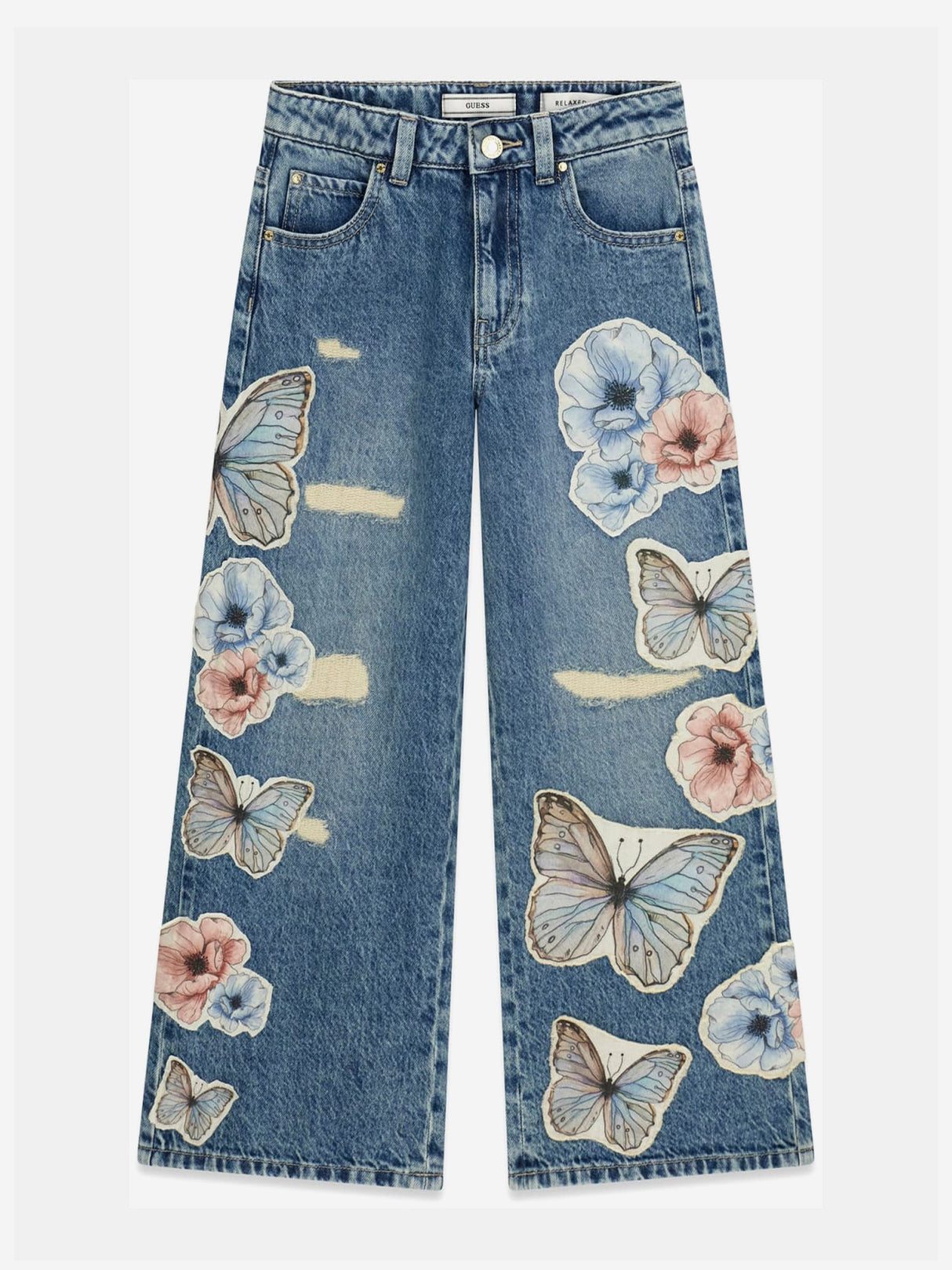Guess Girls Flower and Butterfly Relaxed Jeans in Blue