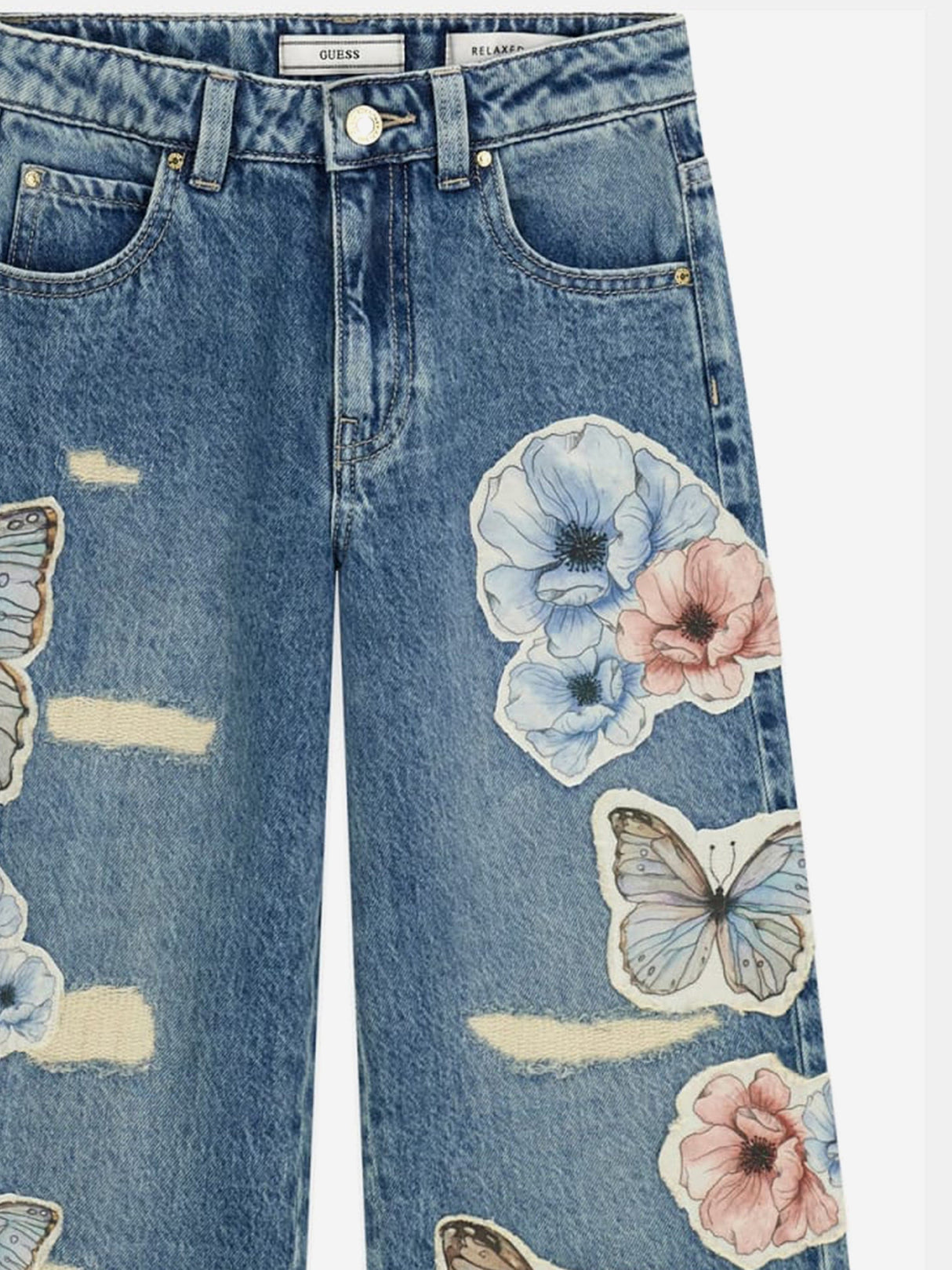 Guess Girls Flower and Butterfly Relaxed Jeans in Blue