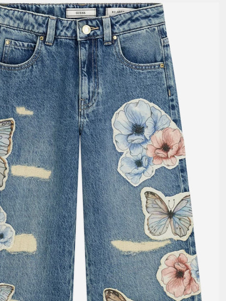 Guess Girls Flower and Butterfly Relaxed Jeans in Blue