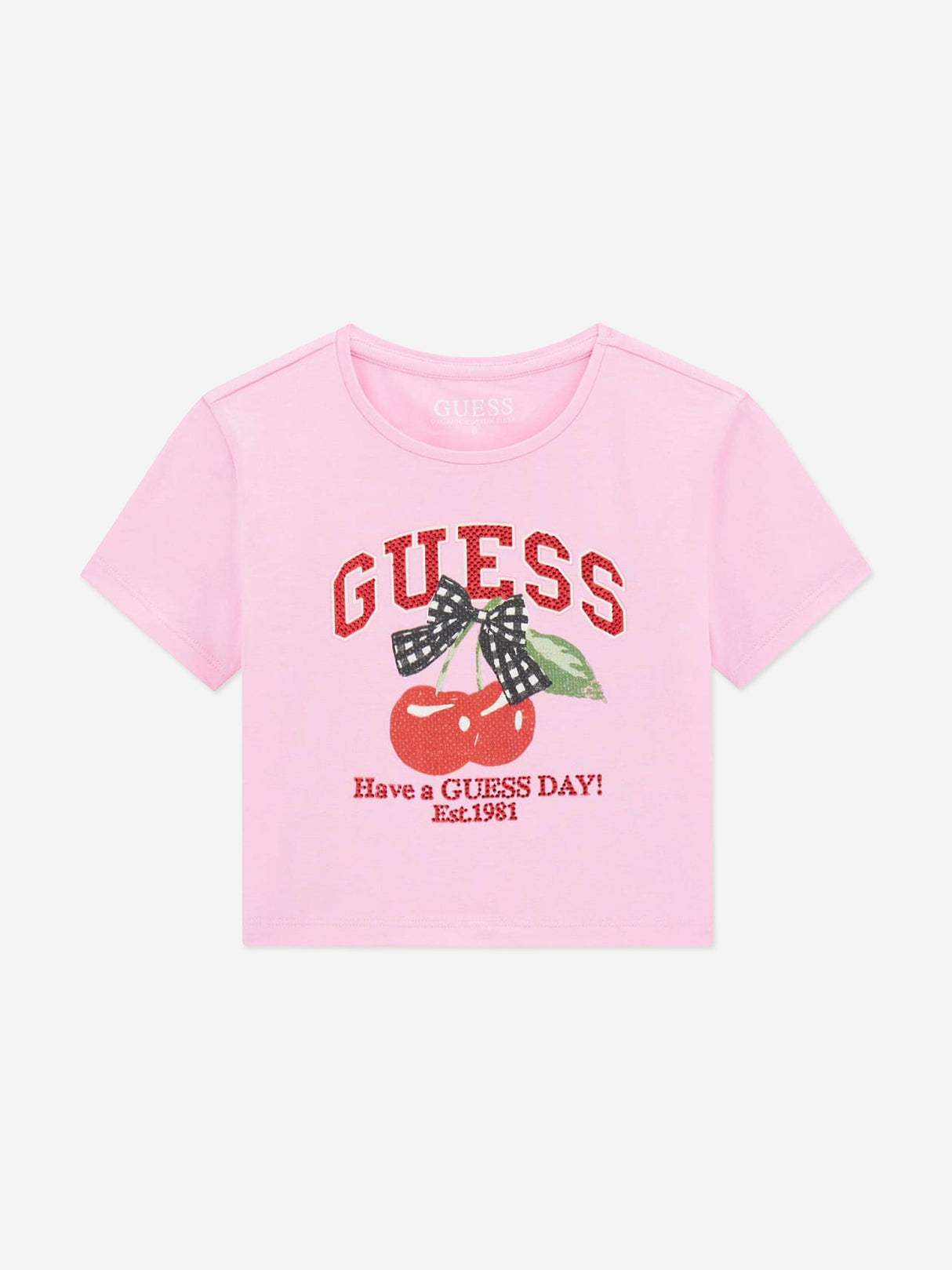Guess Girls Cropped Cherry T-Shirt in Pink