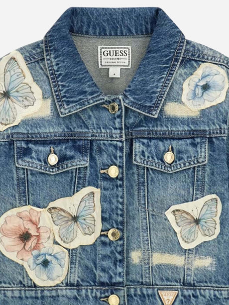 Guess Girls Flower and Butterfly Denim Jacket in Blue