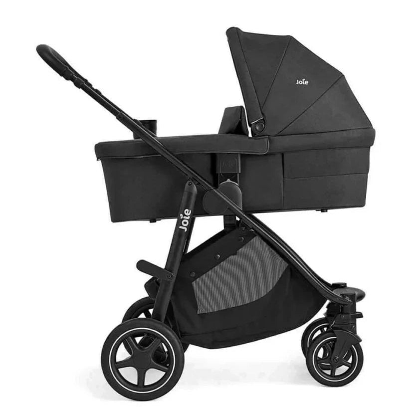 A black Jojo stroller pram combo shown from a side profile view against a solid white background.
