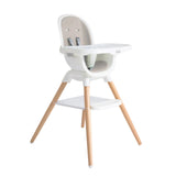 White high chair with wooden legs on a white background