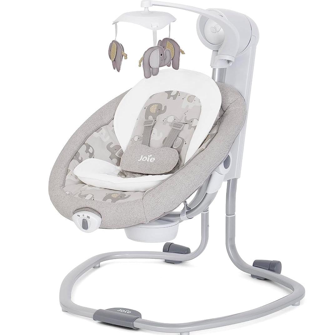 A Jole baby swing and bassinet with a gray and white animal-themed fabric, featuring a mobile with elephant and giraffe toys, set against a plain white background.