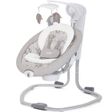 A Jole baby swing and bassinet with a gray and white animal-themed fabric, featuring a mobile with elephant and giraffe toys, set against a plain white background.