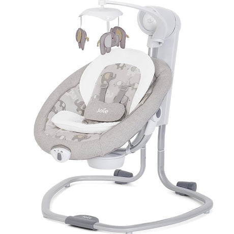 A Jole baby swing and bassinet with a gray and white animal-themed fabric, featuring a mobile with elephant and giraffe toys, set against a plain white background.