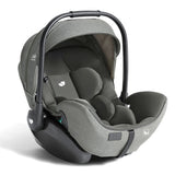 A baby car seat in a two-tone gray colorway, featuring a heathered medium gray fabric exterior and a dark charcoal gray interior, complete with a black handle and base, shown on a white background.