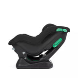 A black infant car seat shown from a side profile view, featuring bright green plastic adjustment knobs and accents, set against a plain white background.