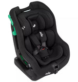 A Joie brand black infant car seat with bright green side-release levers, shown from a three-quarters angle on a solid white background.