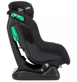 A Jole brand black child car seat in a side-impact configuration, featuring bright green plastic adjustment levers and a black base, photographed on a solid white background.