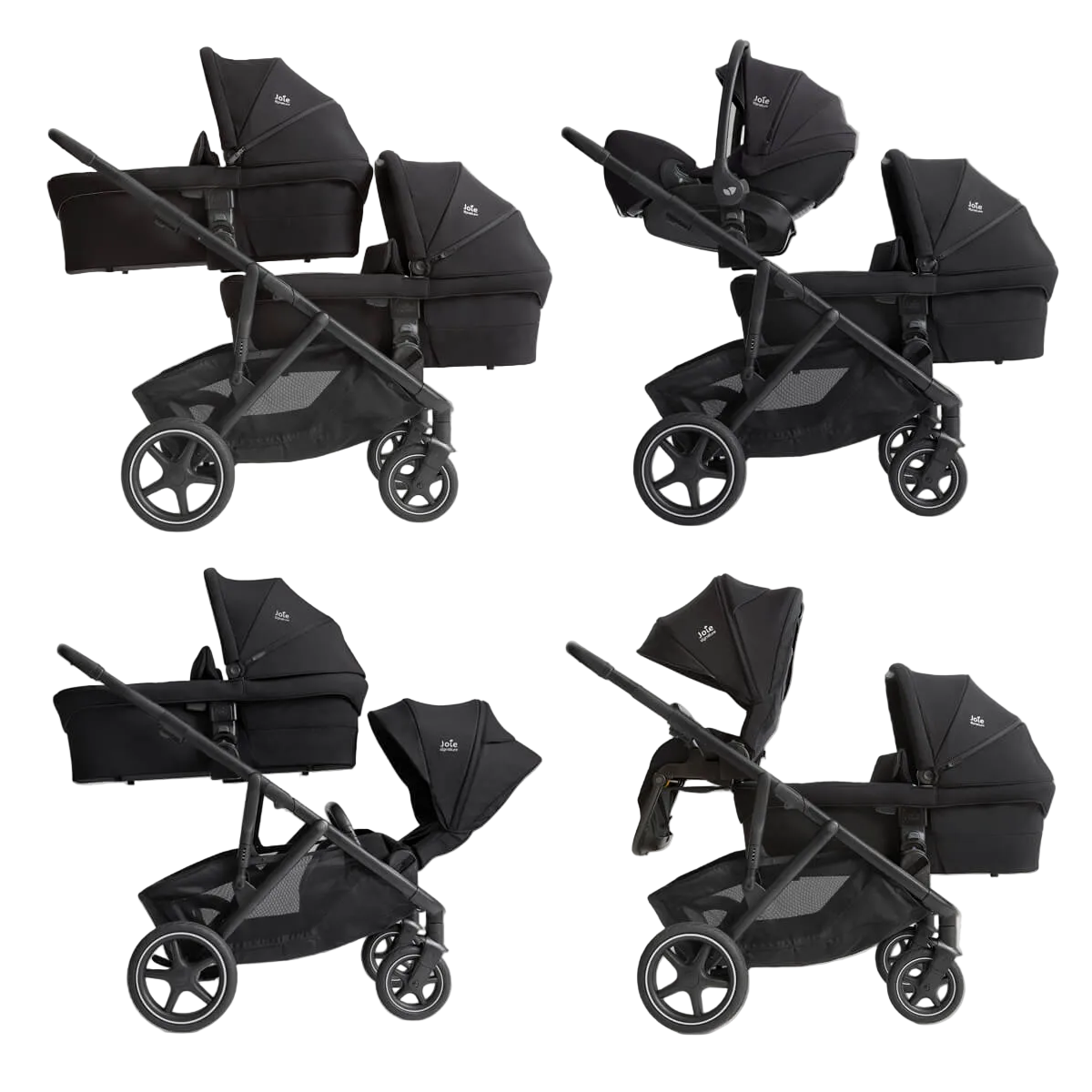Black baby stroller with various configurations on a white background