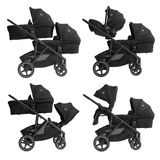 Black baby stroller with various configurations on a white background