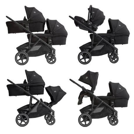 Black baby stroller with various configurations on a white background