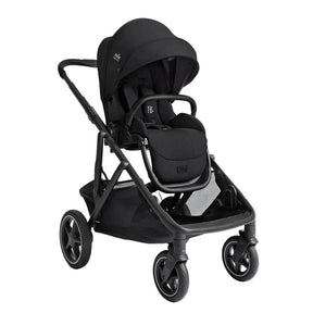 A black baby stroller and car seat combo with a matching black canopy, shown from a three-quarter angle on a solid white background.