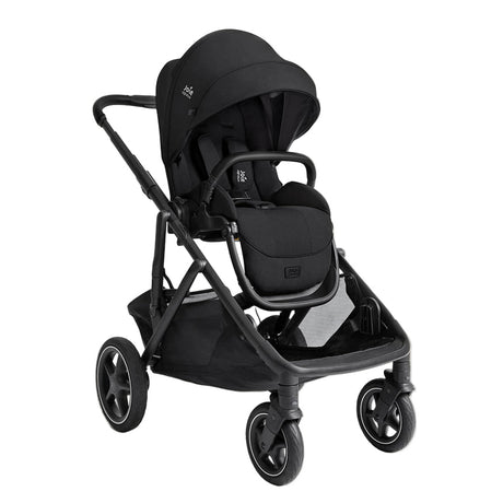 A black baby stroller and car seat combo with a matching black canopy, shown from a three-quarter angle on a solid white background.