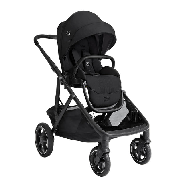 A black baby stroller and car seat combo with a matching black canopy, shown from a three-quarter angle on a solid white background.